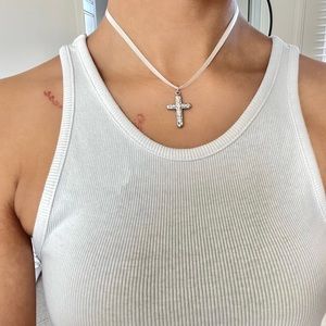 Silver Cross Ribbon Necklace